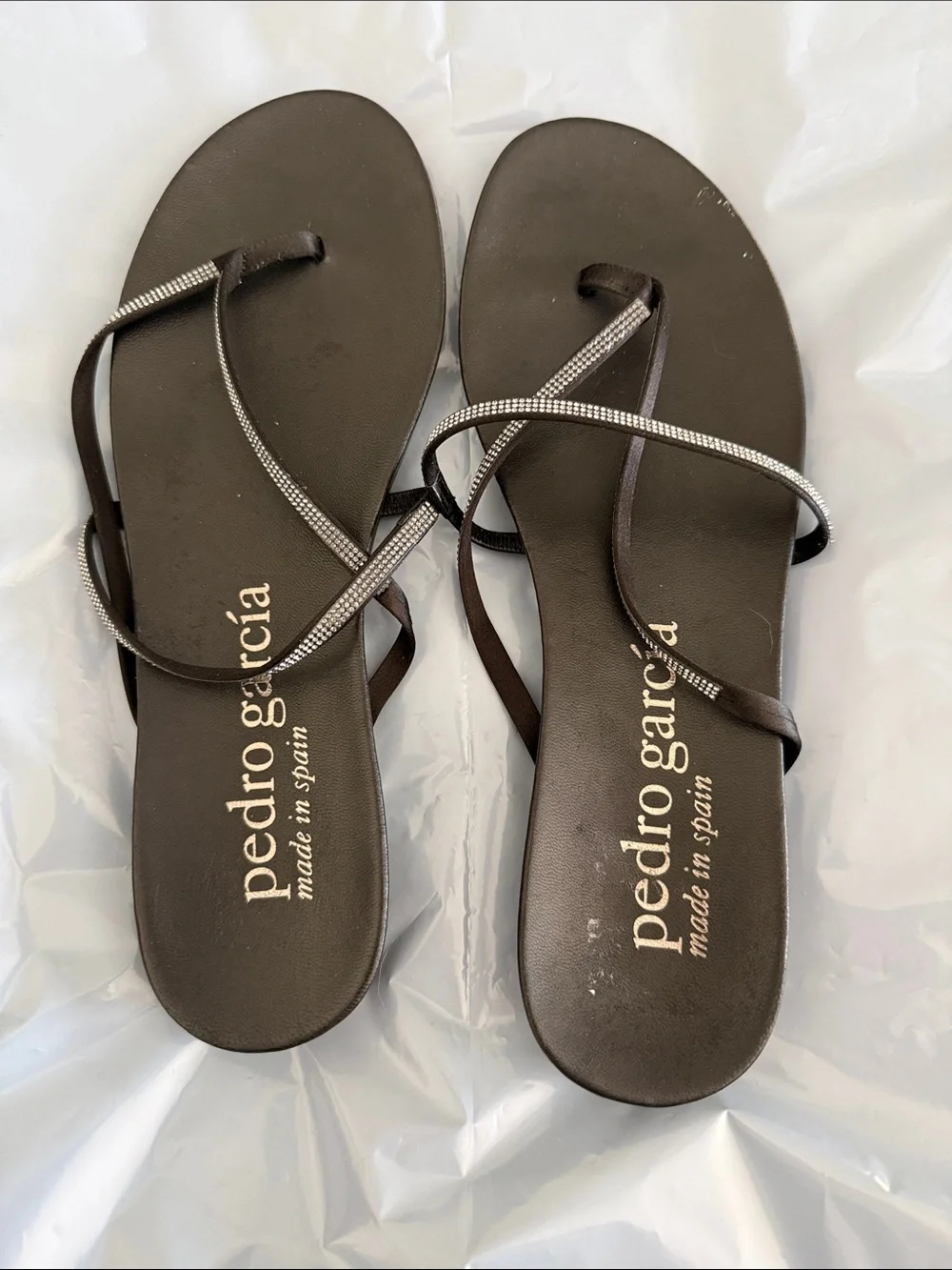 Pedro Garcia Brown Swarovski crystalsStrap Flat Sandals